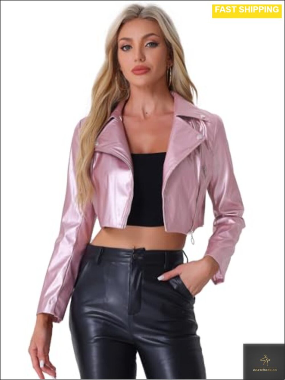Faux Leather Long Sleeve Zip Up Moto Cropped Jacket